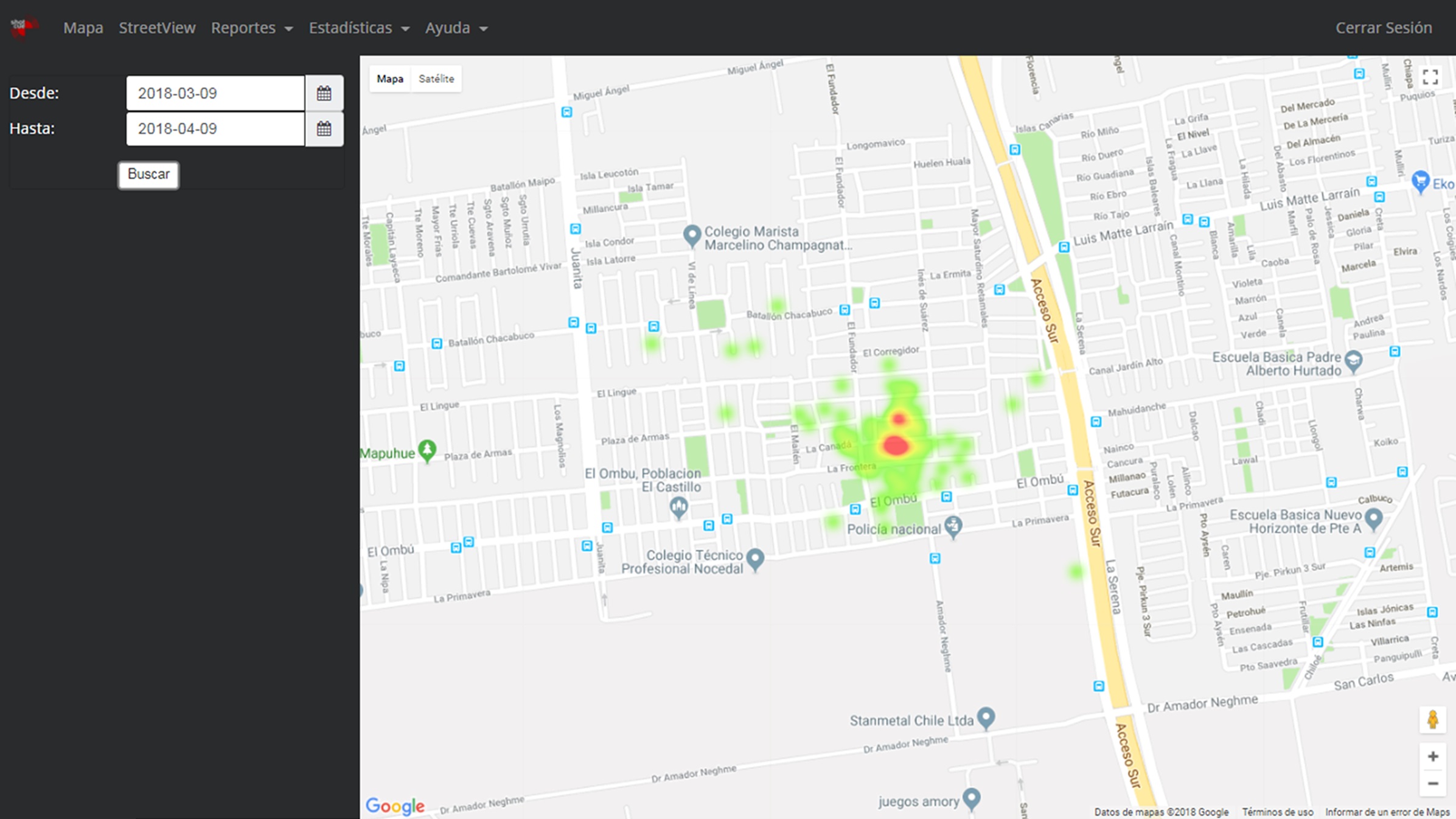 Mapa de calor del software Shot Cue mostrando hot-spots de actividad sobre Google Maps